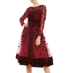 Mac Duggal Embellished Illusion Dress Fit & Flare Long Sleeve Burgundy Red NWT 4